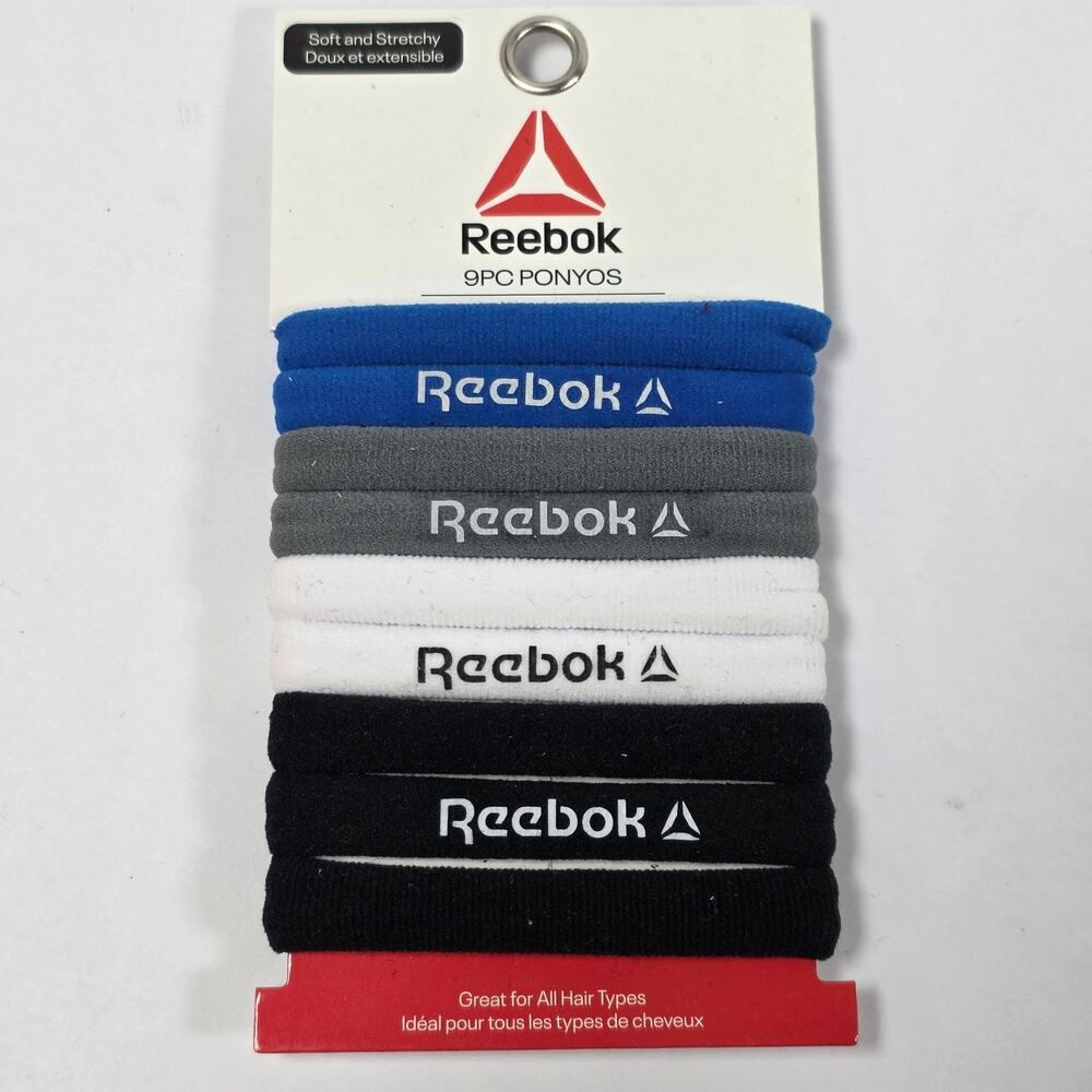 Reebok 9pc Ponytail Holders Hair Ties Blue Gray White Black Soft Stretchy RBK102